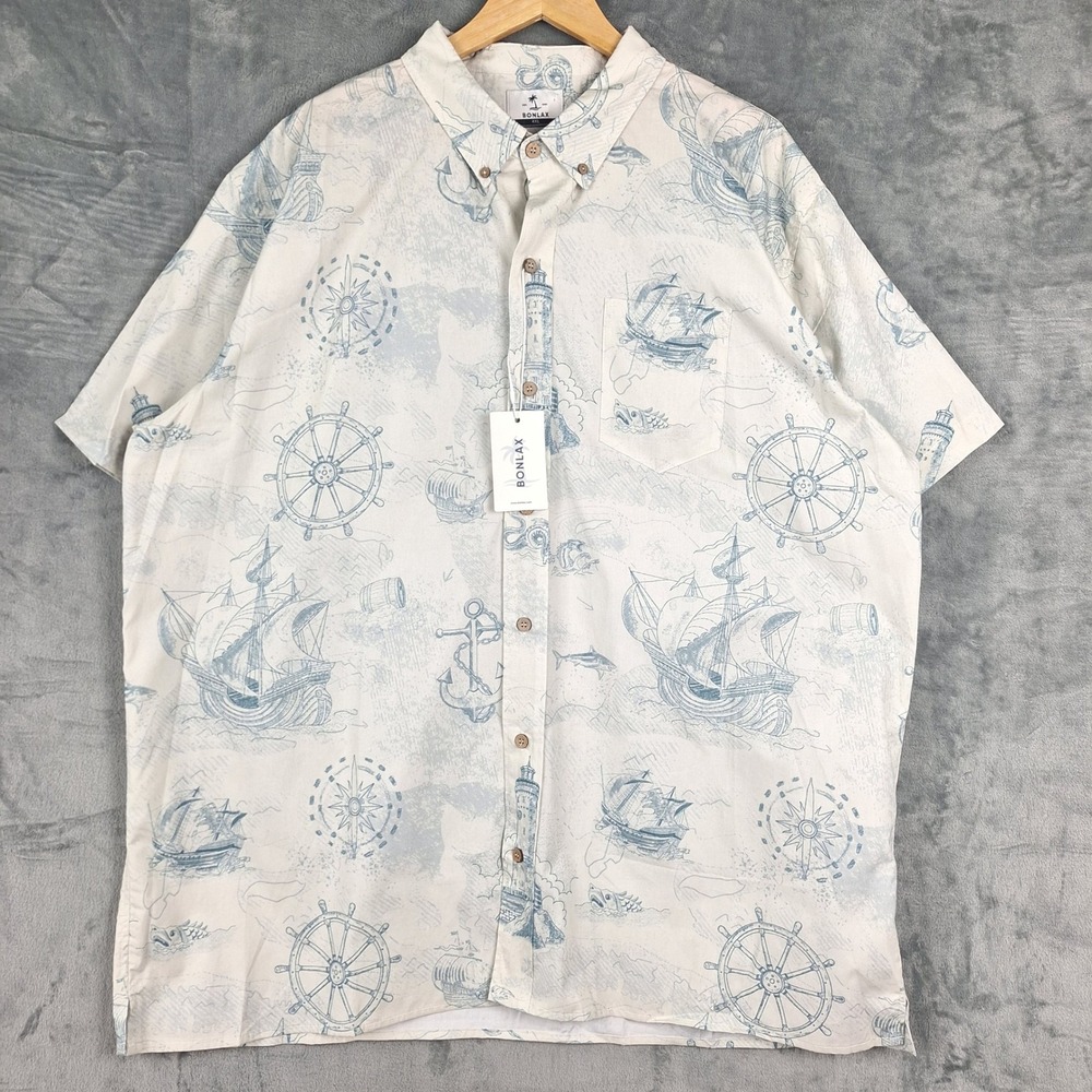 Bonlax Shirt Mens 4XL Hawaiian Tropical Camp‎ Button Up Vacation Resort Nautical